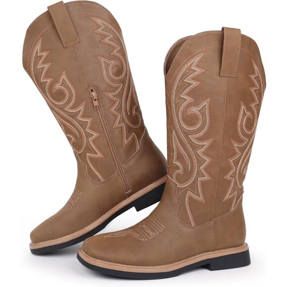 Women's Brown Embroidered Square Toe Side Zipper Western Mid Calf Dress Boots - Picture 1 of 6